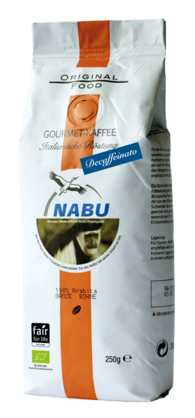 NABU Kaffee, Italienische Röstung, Decaffeinato, 250g, GANZE BOHNE, BIO